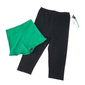 Leo’s Dancewear Black Capri Pants + Body Wrappers Green Boycut Shorts New NWT